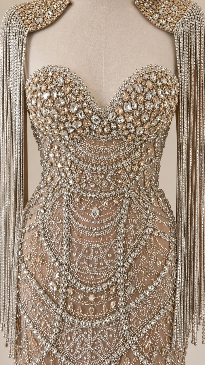 Crystal Embellished Sweetheart Evening Gown with Beaded Fringe Capelet