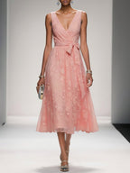 Light Pink Bow Embroidery Classic V Neck Sleeveless A-Line Midi Dress With Pockets