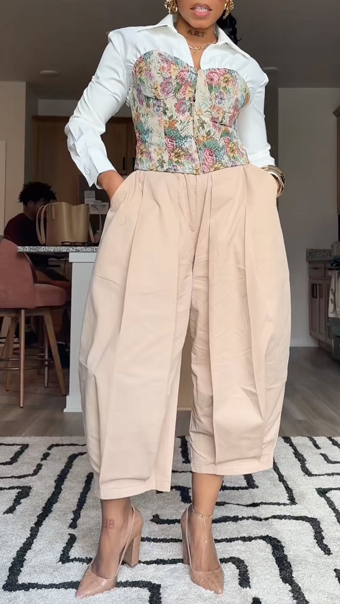 White Shirt-Style Floral Corset Top