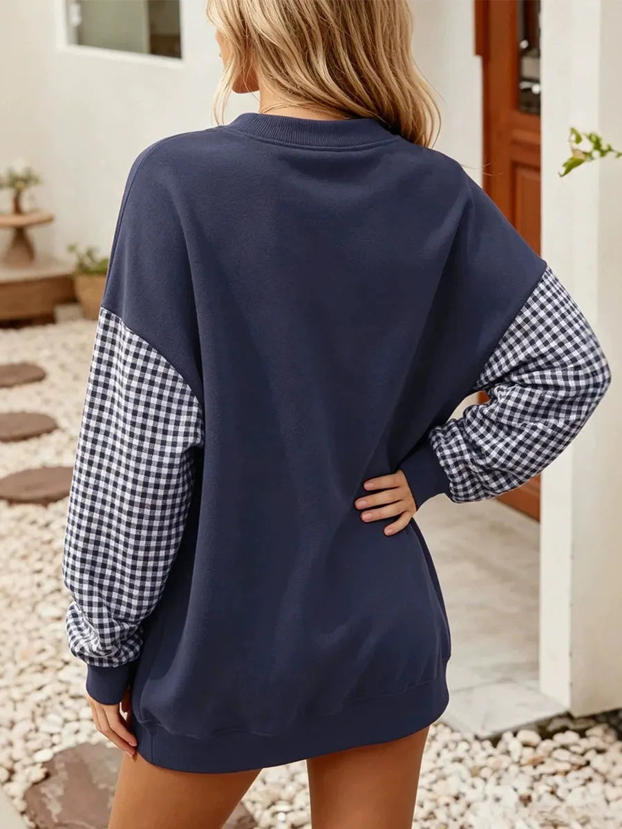 Chic Red Gingham Patchwork Crewneck Sweatshirt