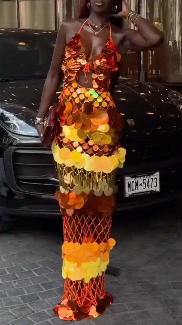 Gradient Sequin Fringe Halter Maxi Dress
