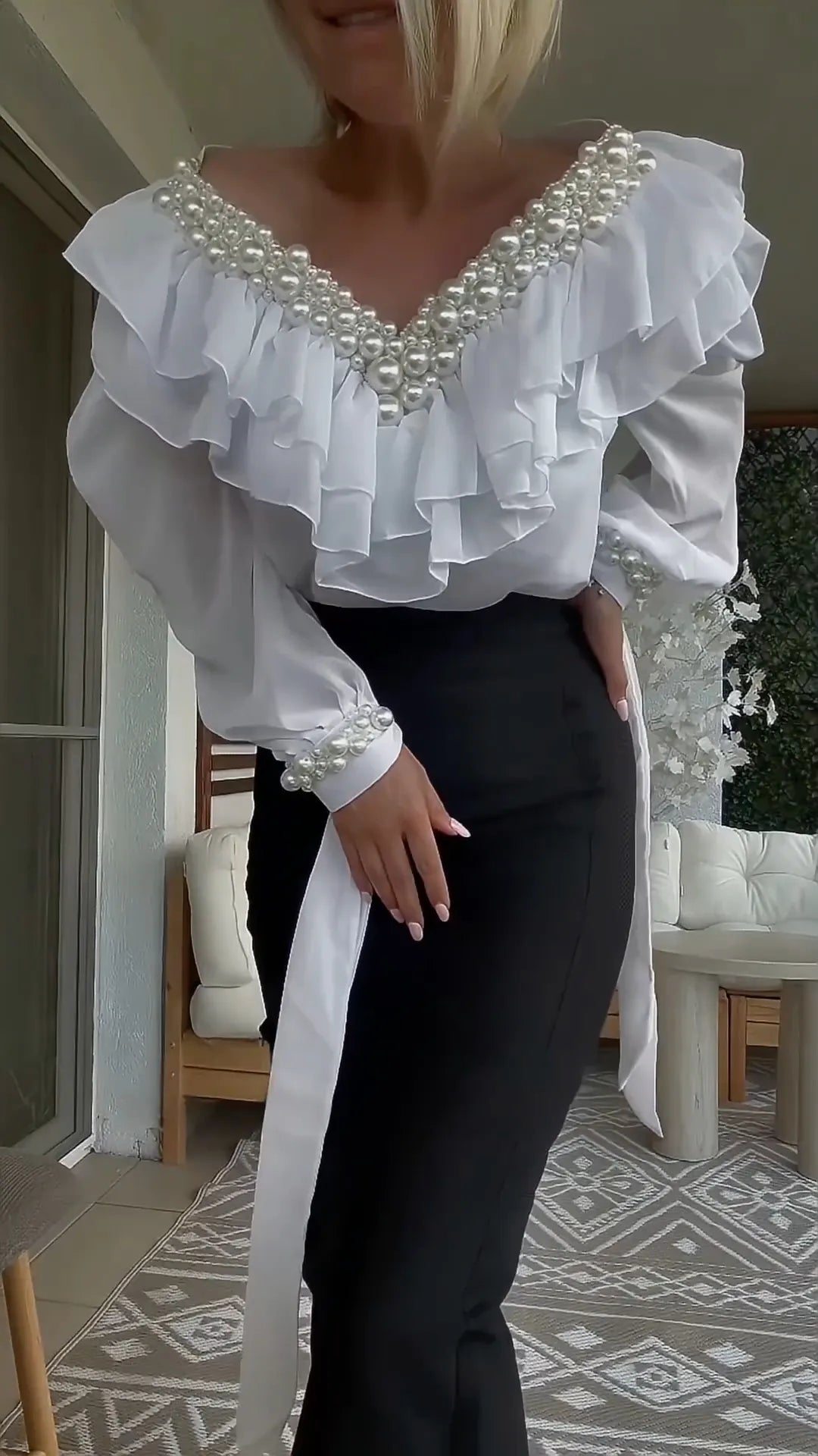 Pearl Ruffle Off Shoulder Long Sleeve Blouse+Skirt Set