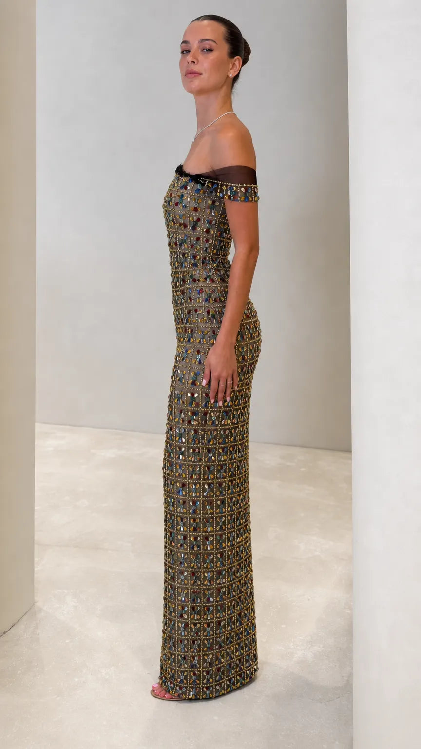 Off-the-Shoulder Jeweled Column Maxi Gown with Sheer Illusion Trim