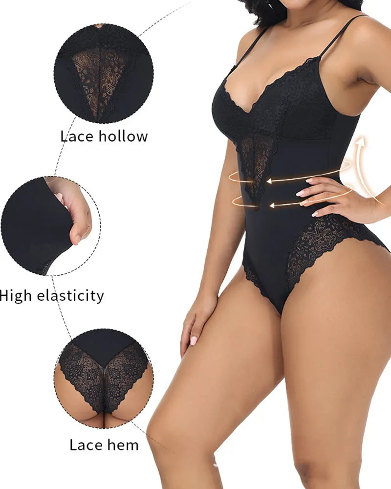 Women's Lace Sheer Spaghetti Strap Cami Bodysuit Sleeveless One Piece Shapewear
