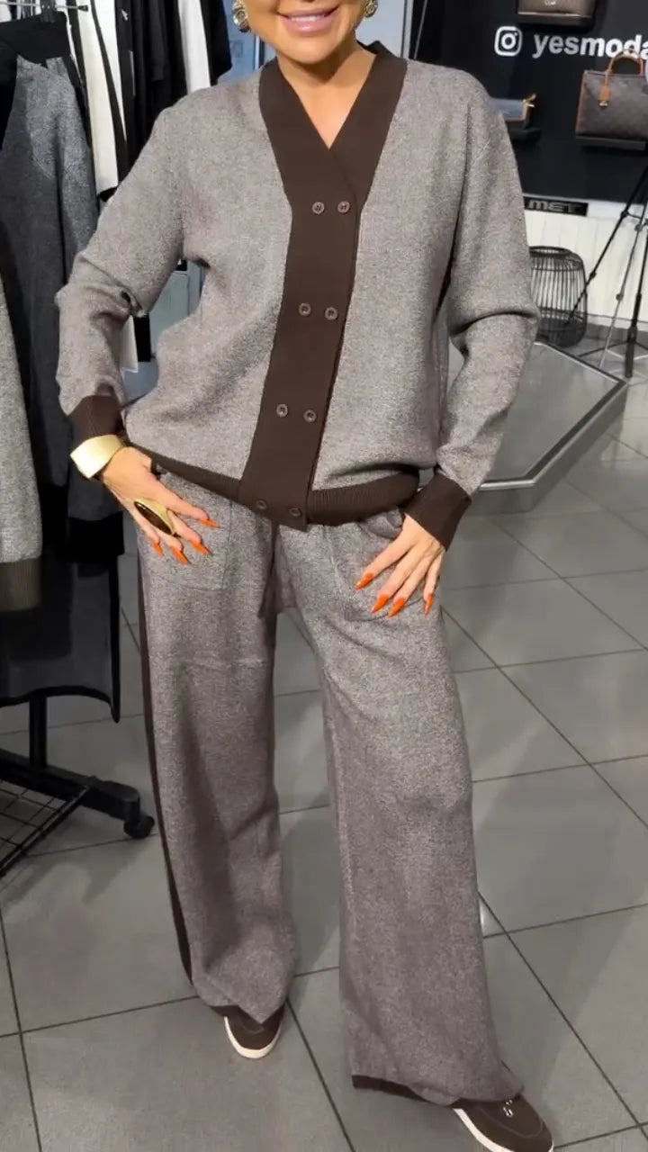 Color Block V-Neck Knit Two Piece Outfit Set