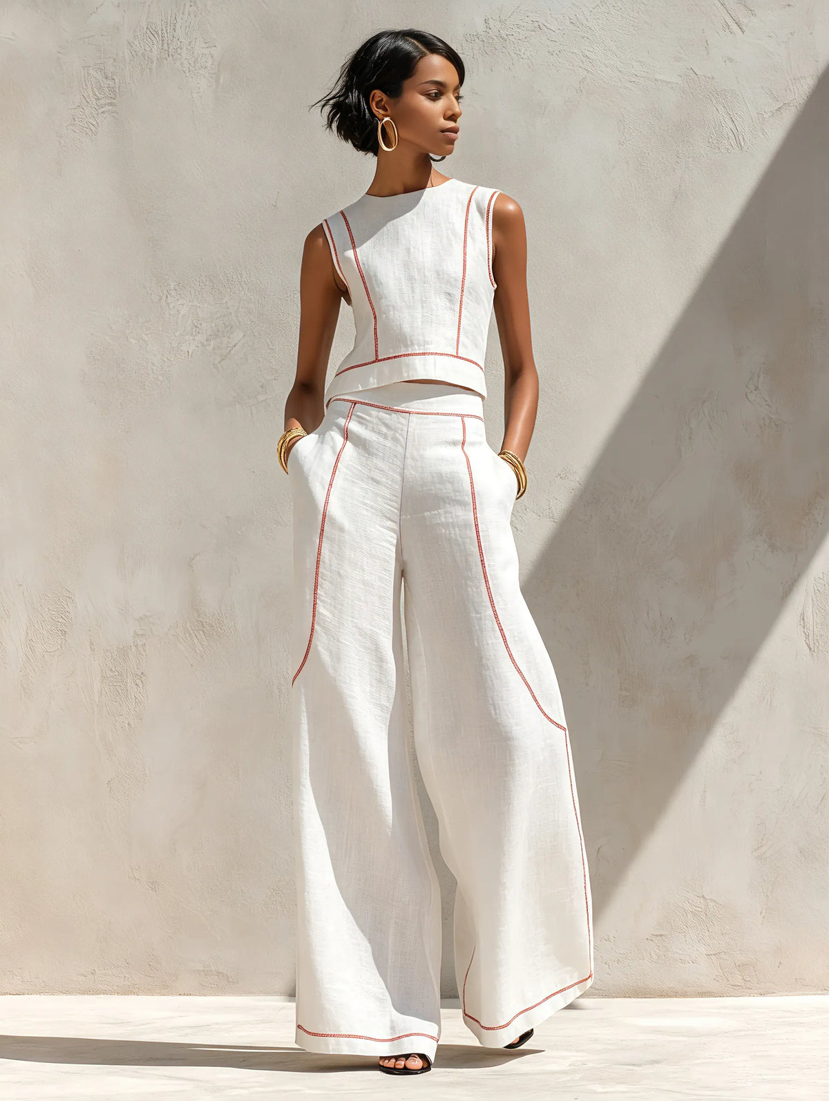 Women's Minimalist Linen-Blend Contrast-Stitched Blouse & Wide-Leg Pants Set MDZ1599E9Y