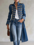 Vintage Washed Denim Military Officer Longline Gold-Button Fitted Statement Coat Women