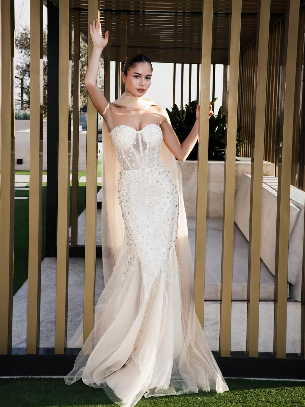 Cocoslly Strapless Sleeveless Long Mermaid Prom Dress With Rhinstone And Scarf | Champage Tulle CO0020