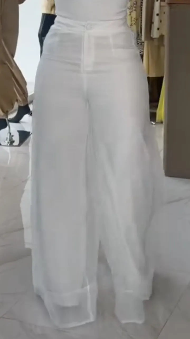 White Chiffon High Waist Wide Leg Pants