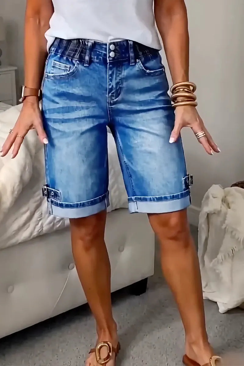 Washed Denim Roll‑Cuff Bermuda Shorts