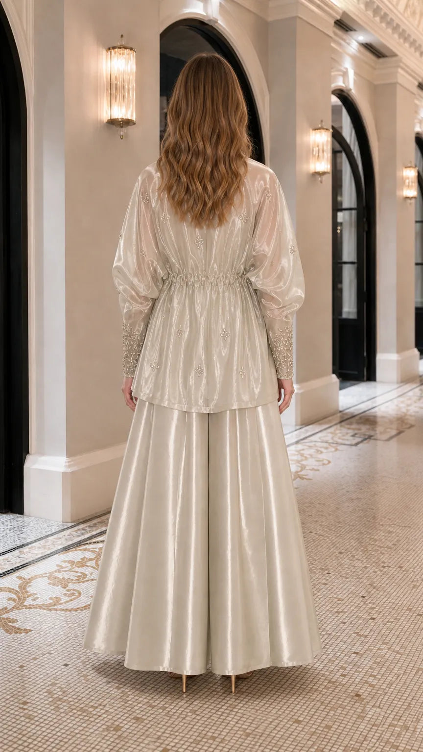 Embroidered Metallic Sheer Overcoat and Wide-Leg Pants Set