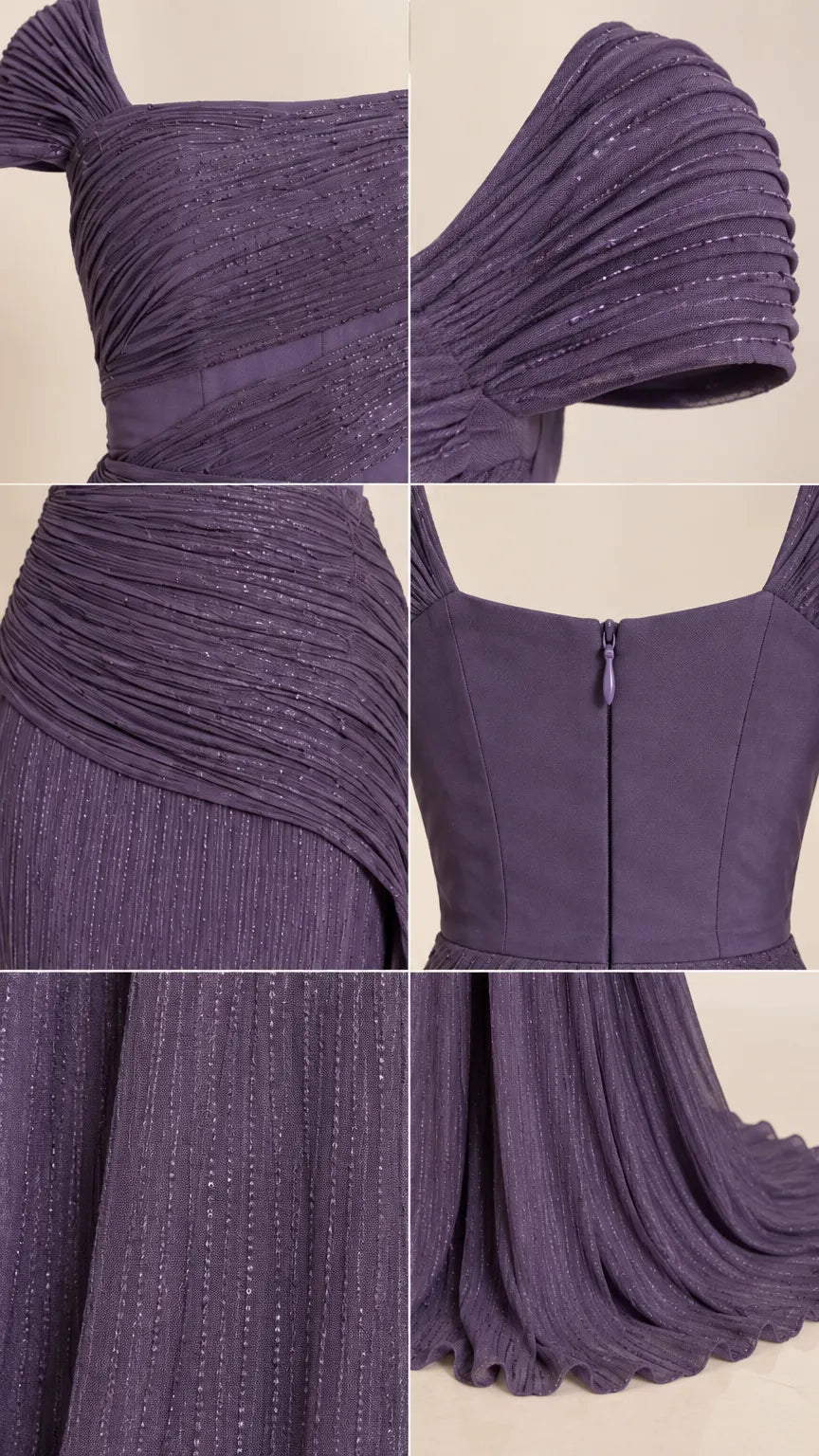 Pleated Shimmer Cap Sleeve Evening Gown with Ruched Waist