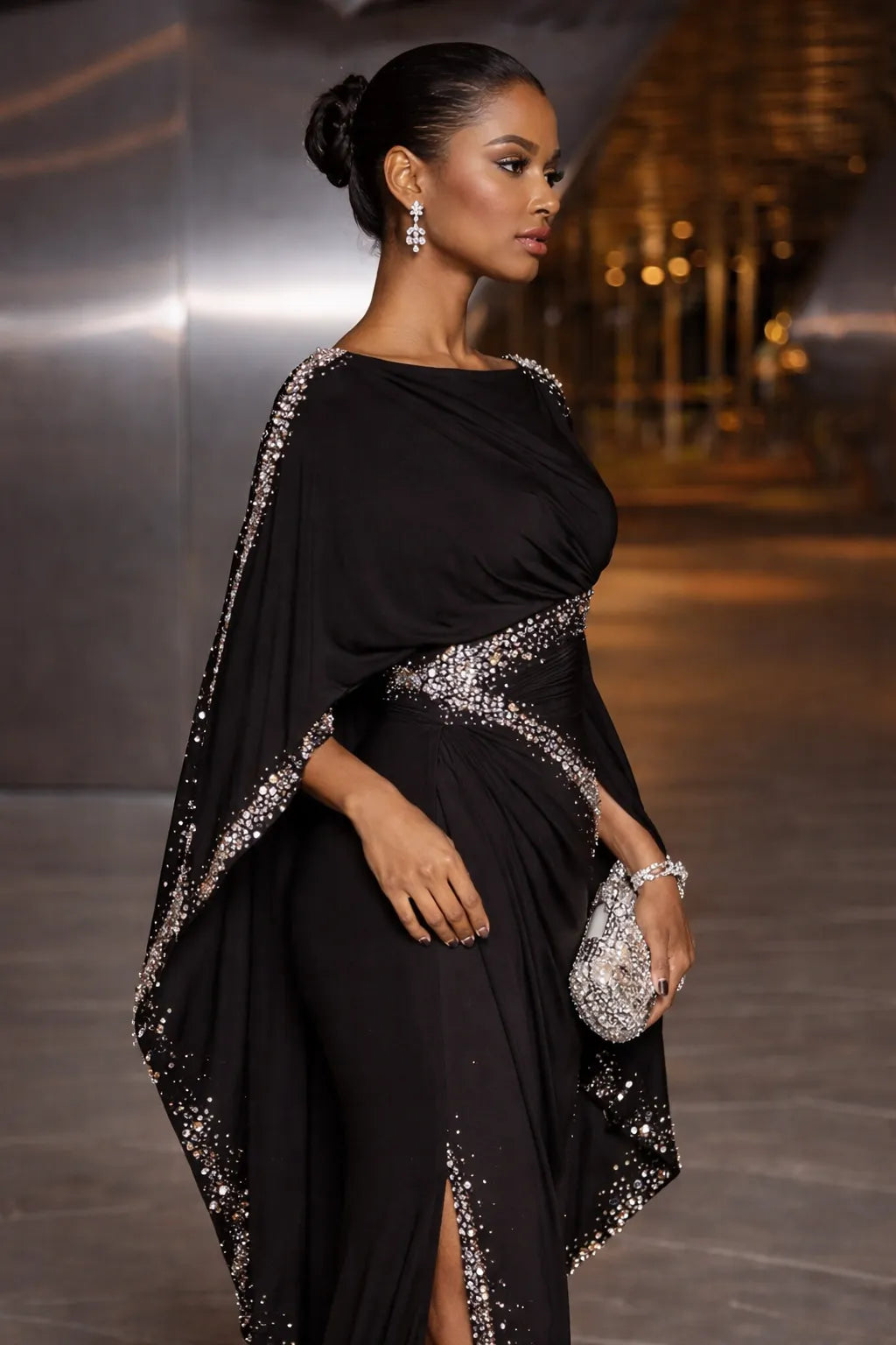 Black Rhinestone Embellished Cape Sleeve High Slit Maxi Evening Dress