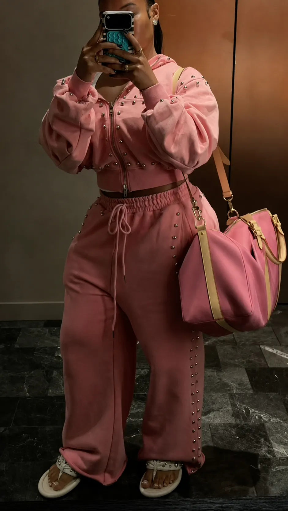 Studded Cropped Hoodie Tracksuit Set