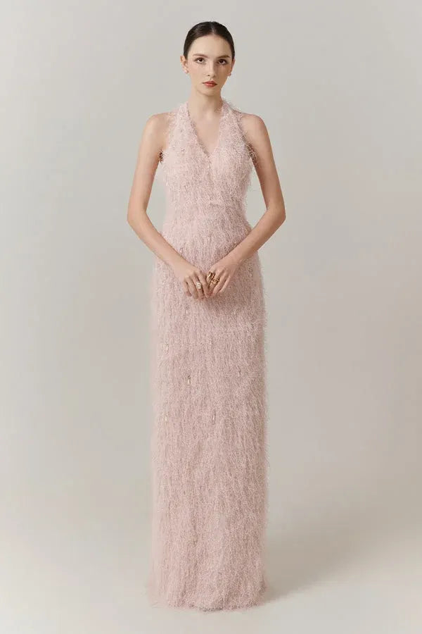 Cocoslly Halter Sleeveless High Waist Long Prom Dress With Tassel | Blushing Pink Feather JZ0095