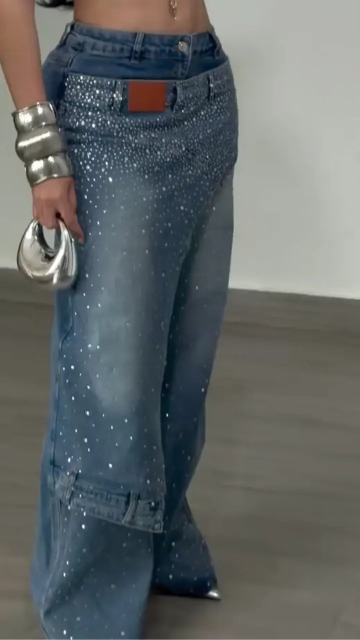 Dark Wash Hot Fix Rhinestone Wide Leg Jeans