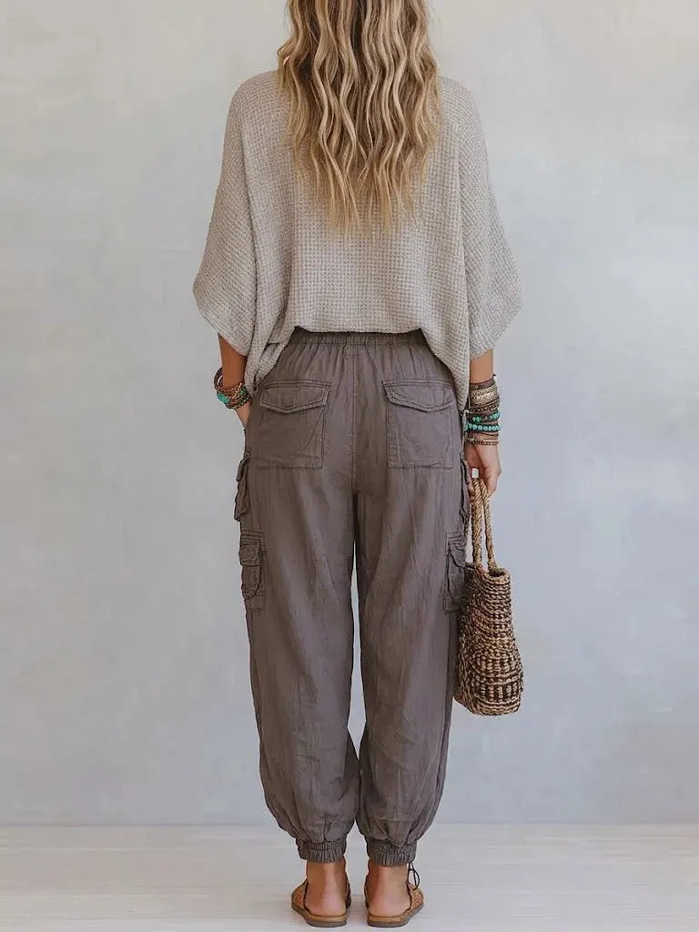 Casual & Cozy Two-piece Set: Waffle-knit Cotton Top And Cotton Cargo Pants