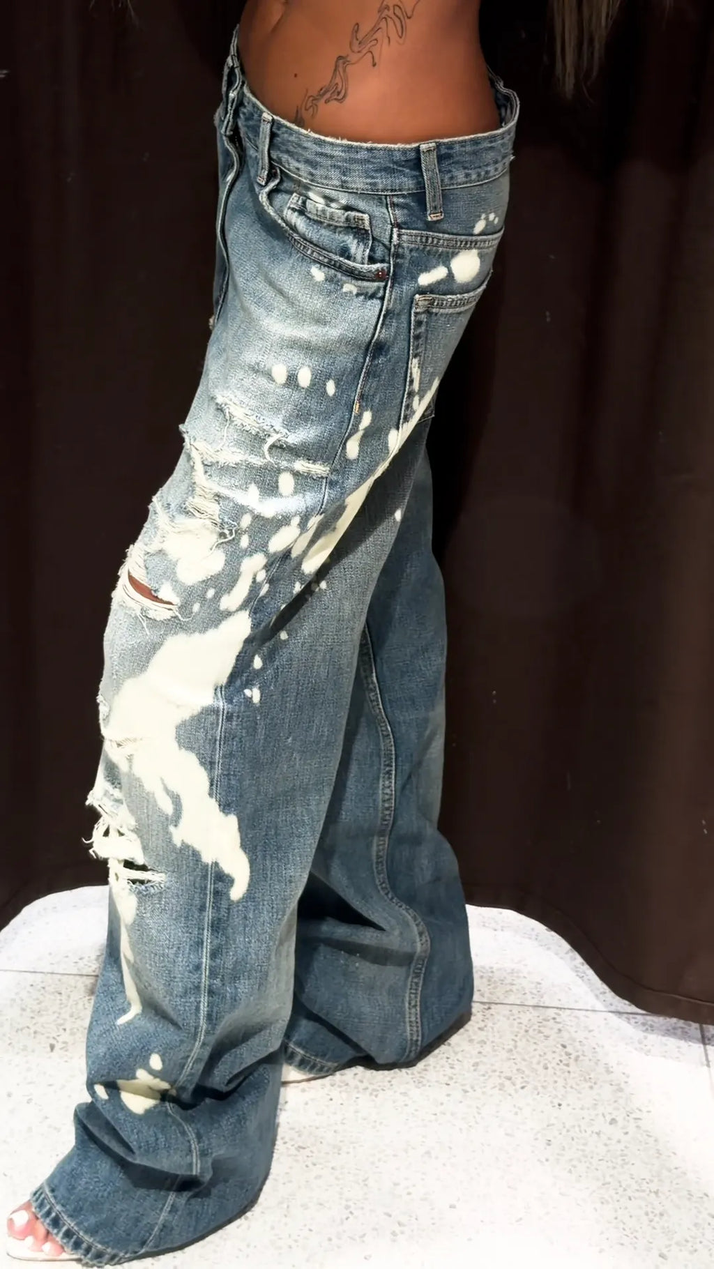 Bleach Splash Ripped Wide Leg Denim Jeans