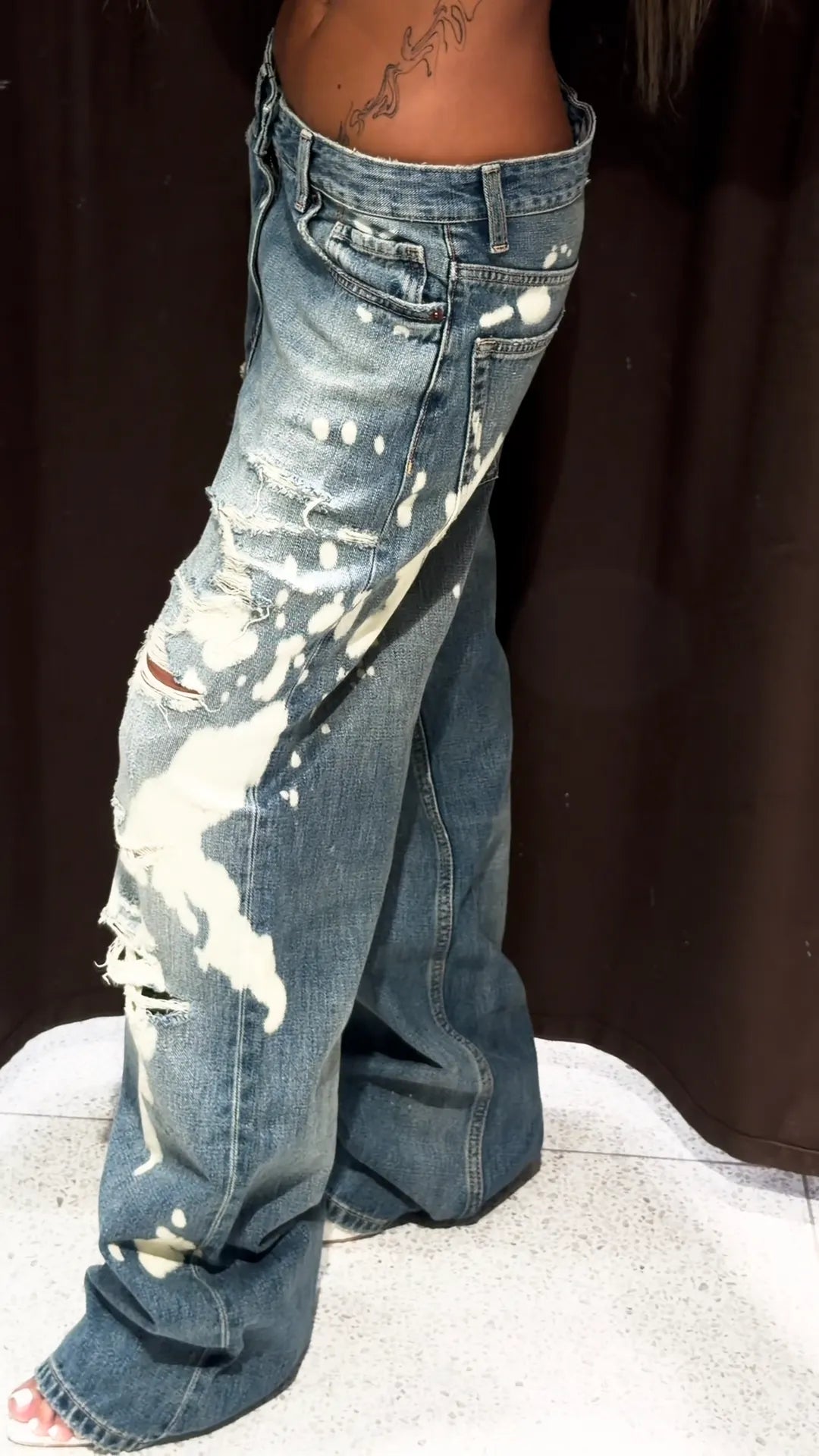 Bleach Splash Ripped Wide Leg Denim Jeans