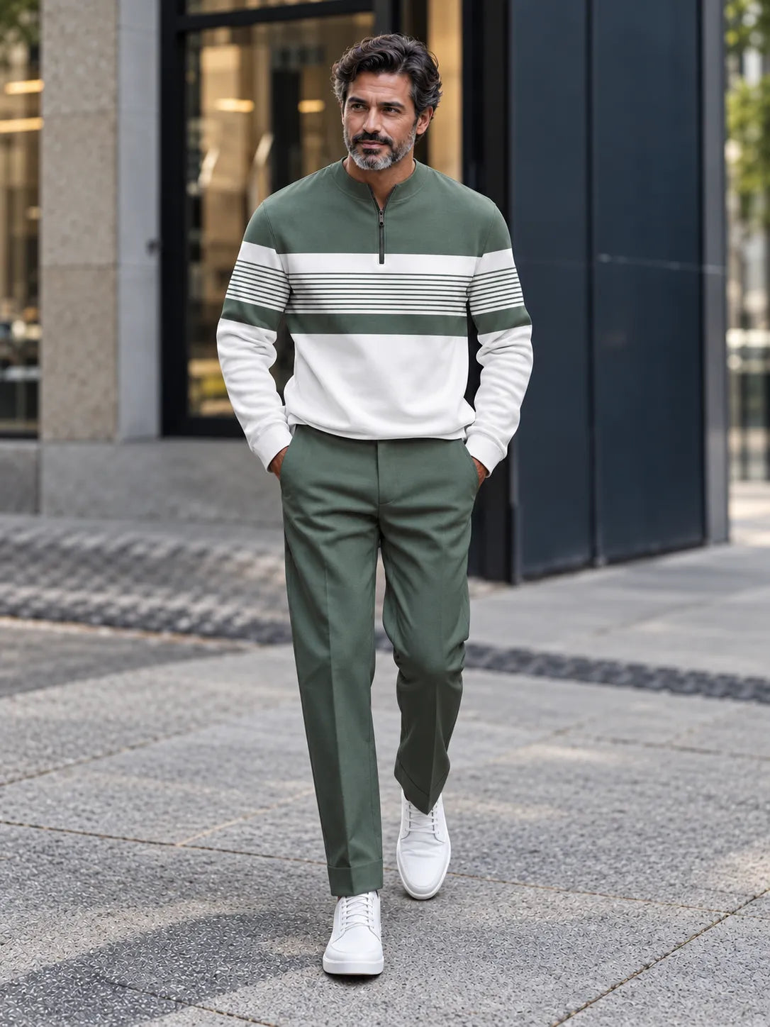 Men‘s Stripe Half Zip Sweatshirt & Trousers Set