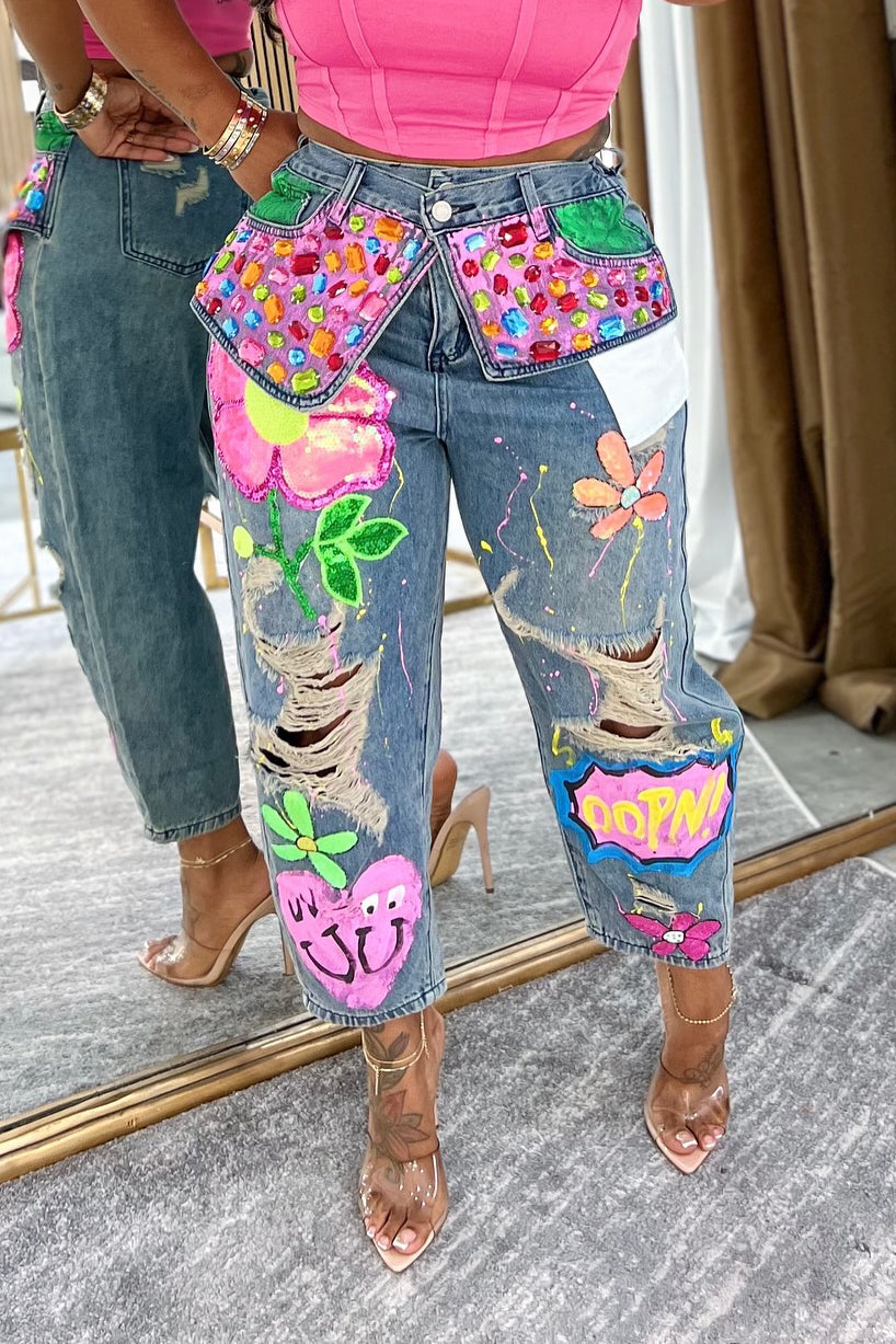 Fashion Rhinestone Washed Ripped Print Jeans