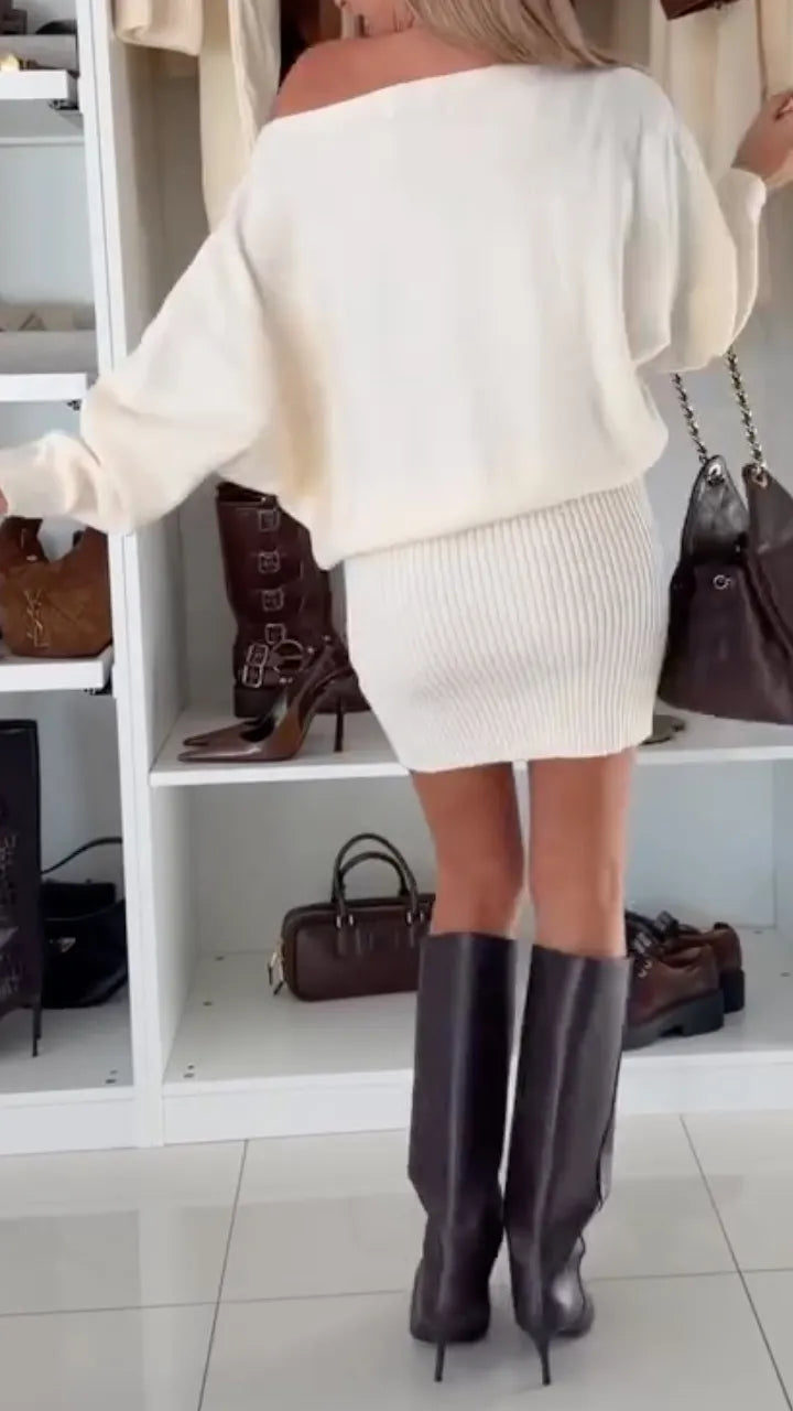 Off Shoulder Knit Mini Dress White Loose Knitwear Dress