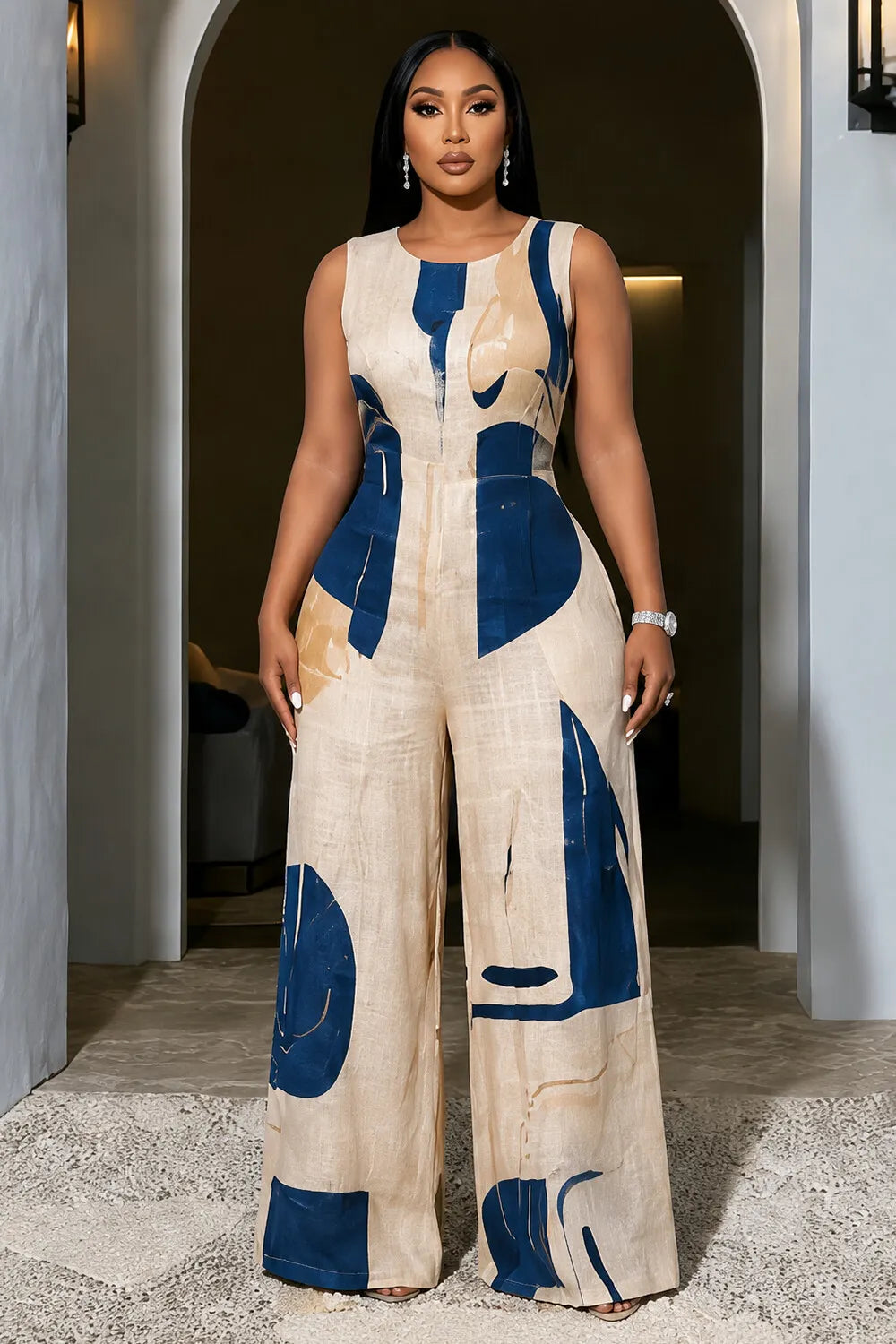 Abstract Print Round Neck Wide Leg Casual Jumpsuit-Apricot [Pre Order]