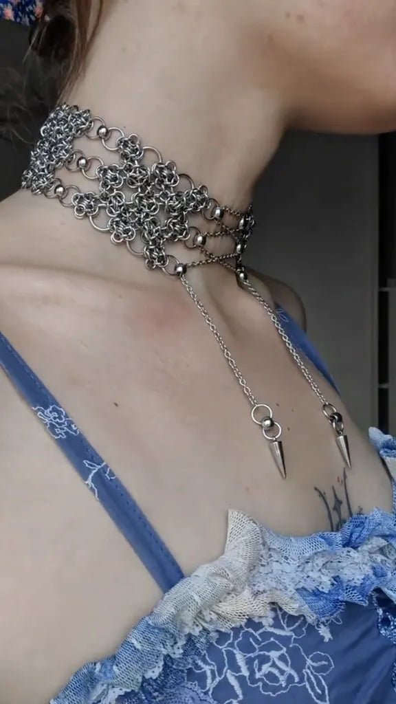 Silver-Tone Chainmail Spike Choker Necklace