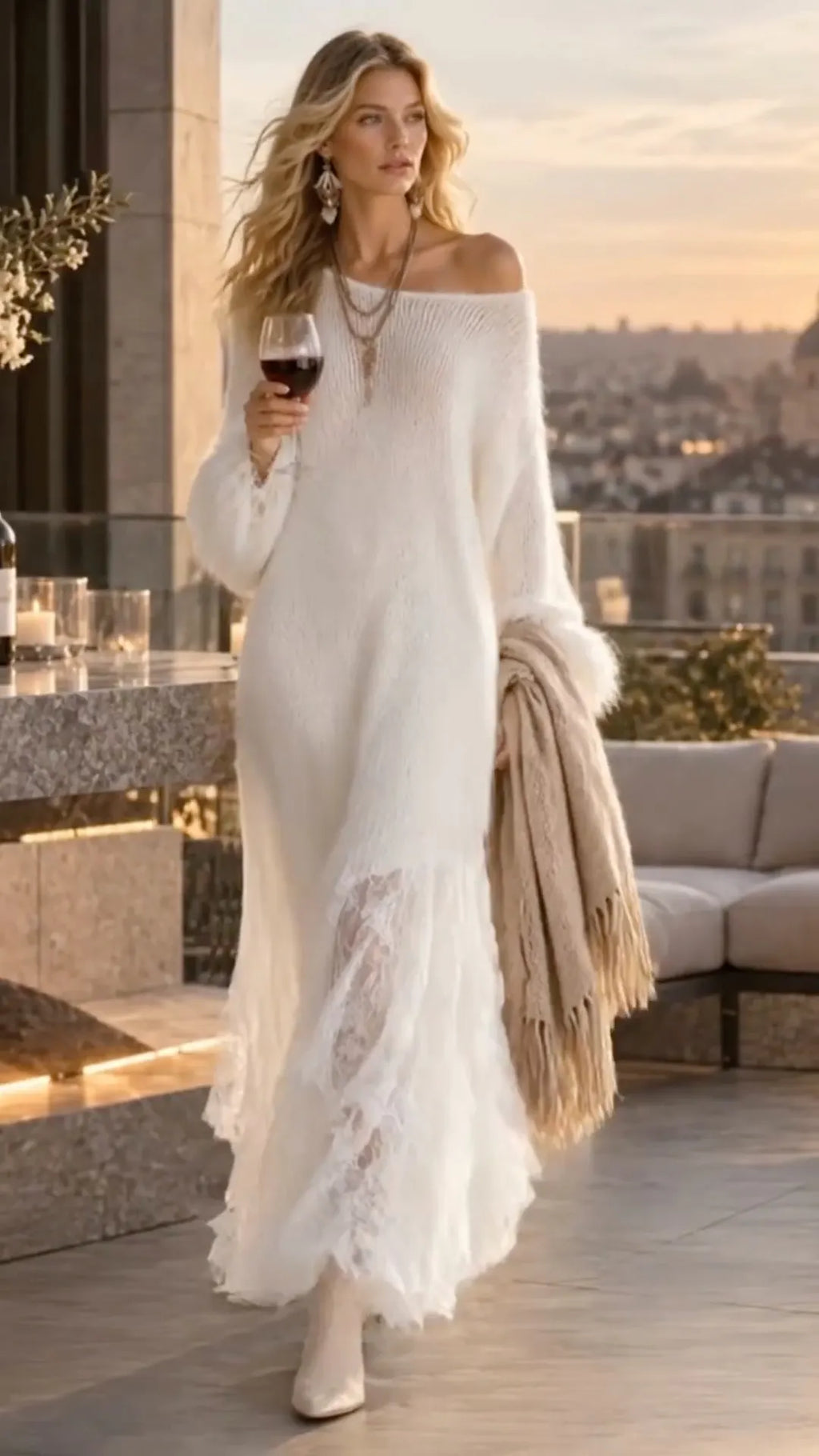 White Off Shoulder Chunky Knit Maxi Dress