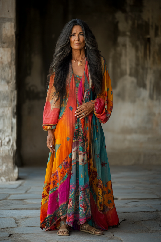 Vintage Loose Linen Patchwork Rainbow Contrast Dress f969