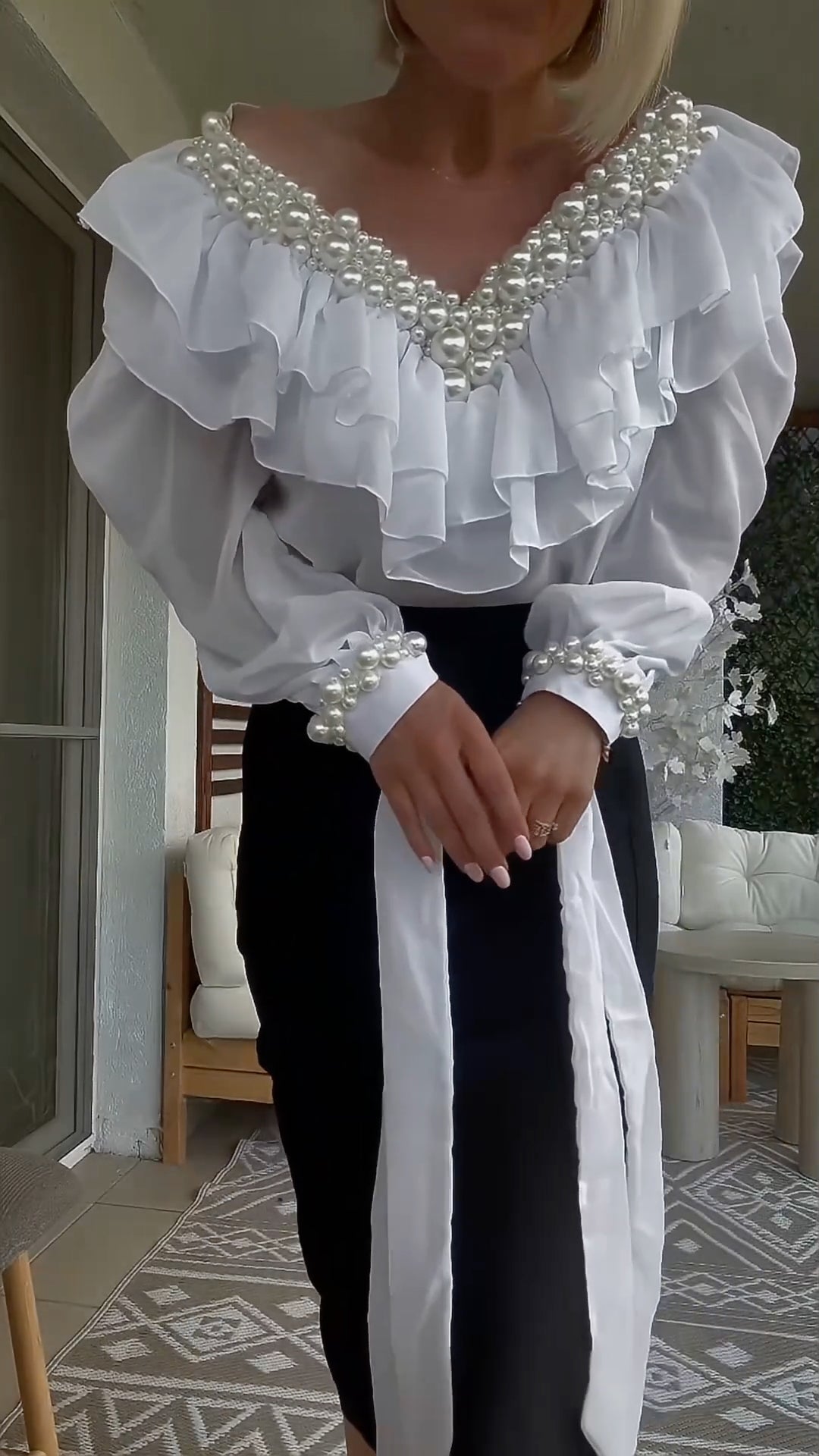Pearl Ruffle Off Shoulder Long Sleeve Blouse+Skirt Set