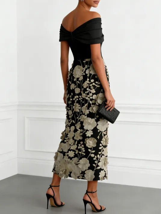 Black 3D Floral Applique Classic Off The Shoulder Short Sleeve Sheath Midi Dress