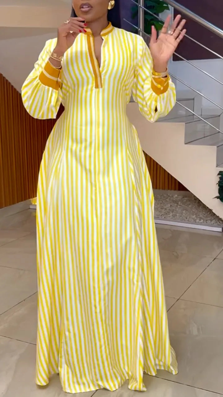 Stripe Stand Collar Long Maxi Kaftan Dress