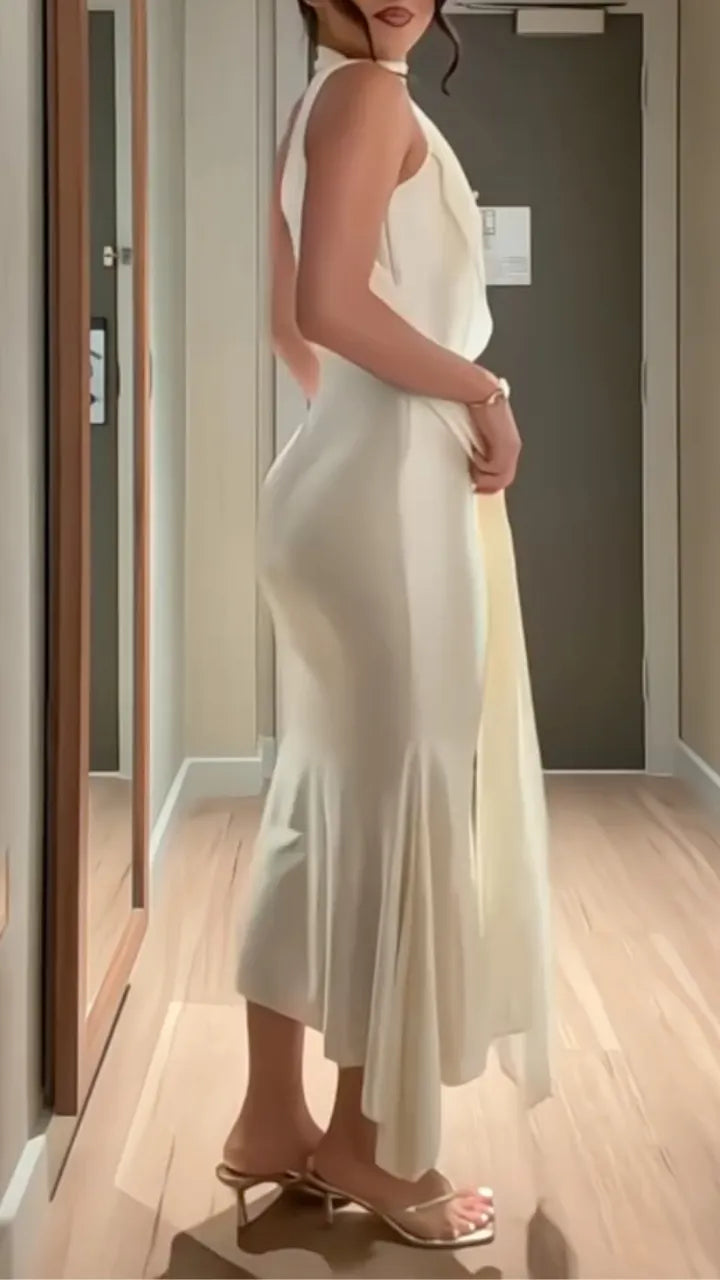 White Gold Ring Halter Maxi Dress