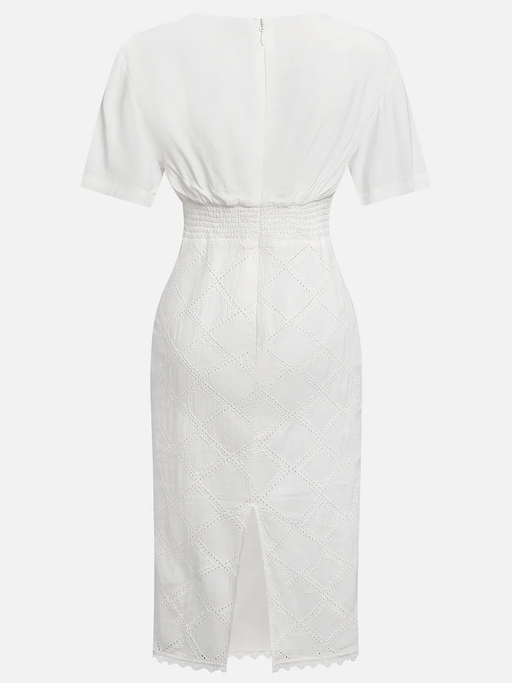 White Rayon Hollow Out Plaid Classic V Neck Short Sleeve Sheath Midi Dress