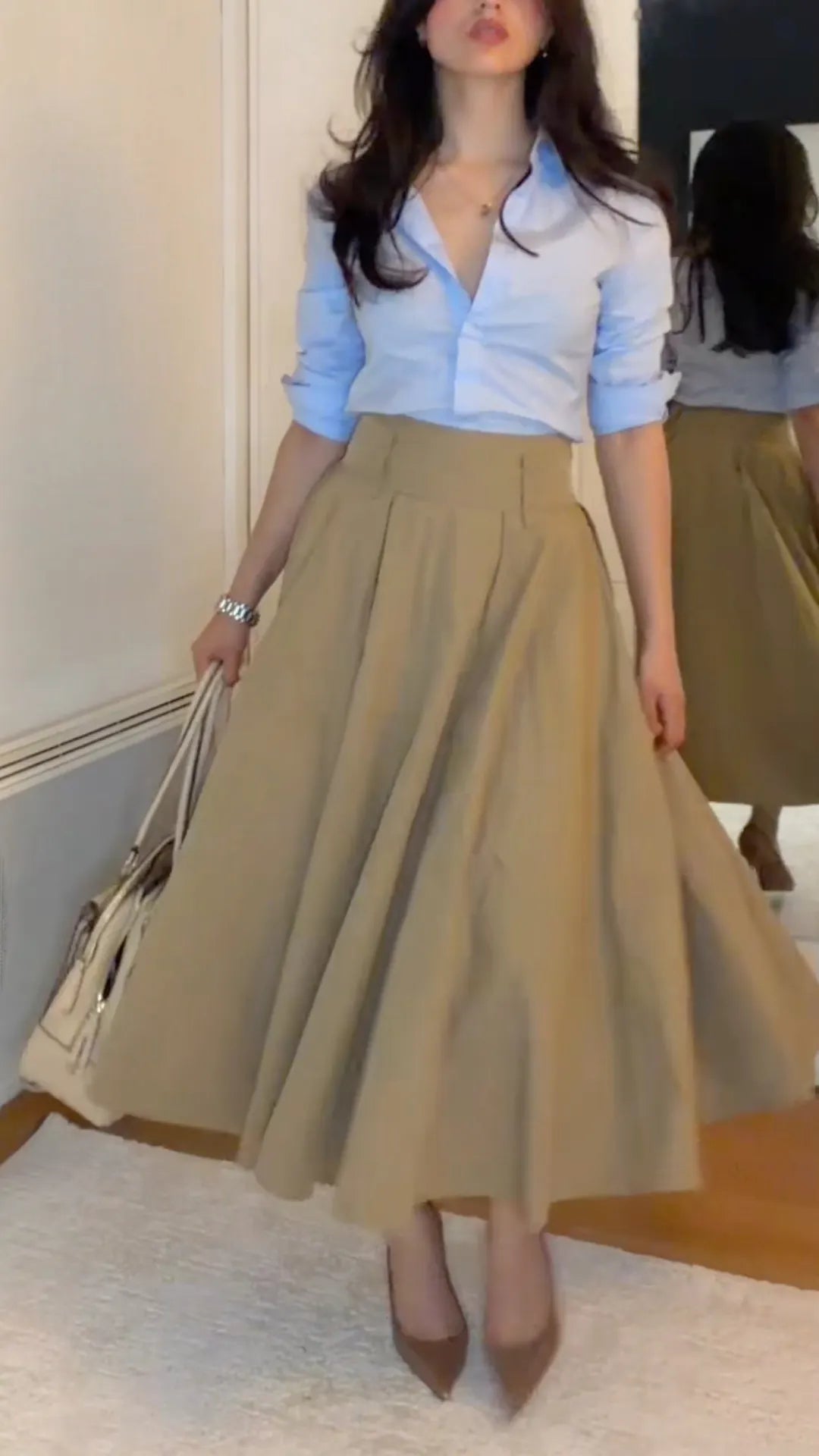 Shirt And Khaki Pleated Midi Skirt 2 Piece Outfit