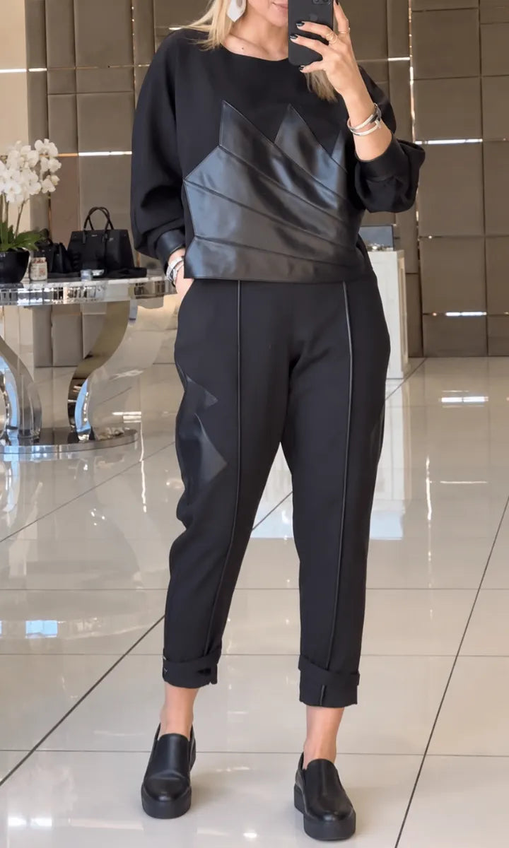 Faux Leather Patch Sweatshirt & Cuffed Trousers Two Piece Set