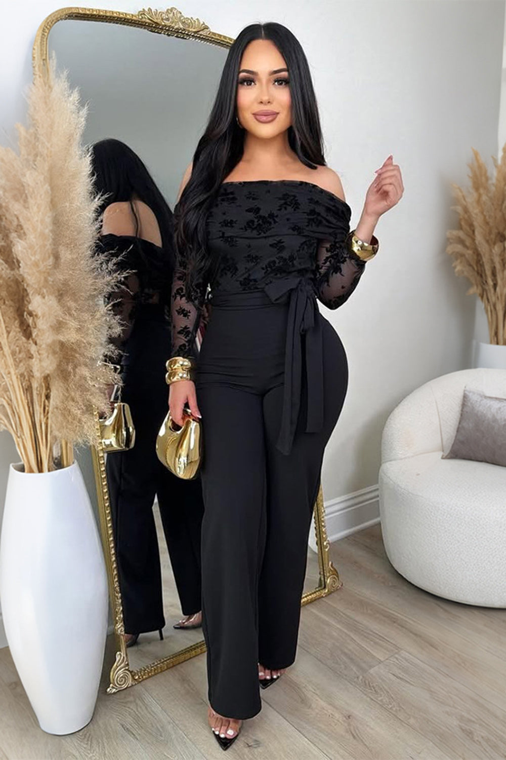 Off Shoulder Long Sleeve Ruffle Leaf Pattern Slim Fit Casual Jumpsuit-Black