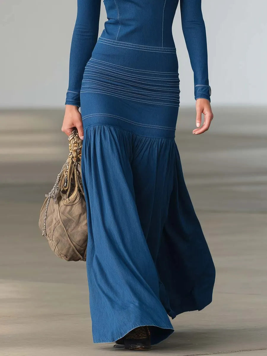 Women鈥檚 Structured Denim Zip Front Long Sleeve Maxi Dress