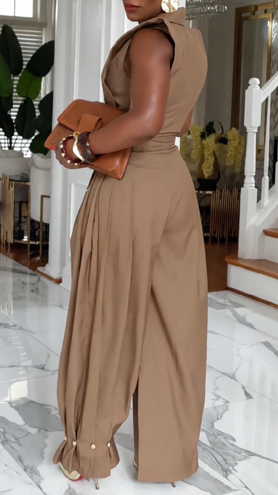 Taupe Lapel Tie-Waist Crop Top and Wide-Leg Pants Set