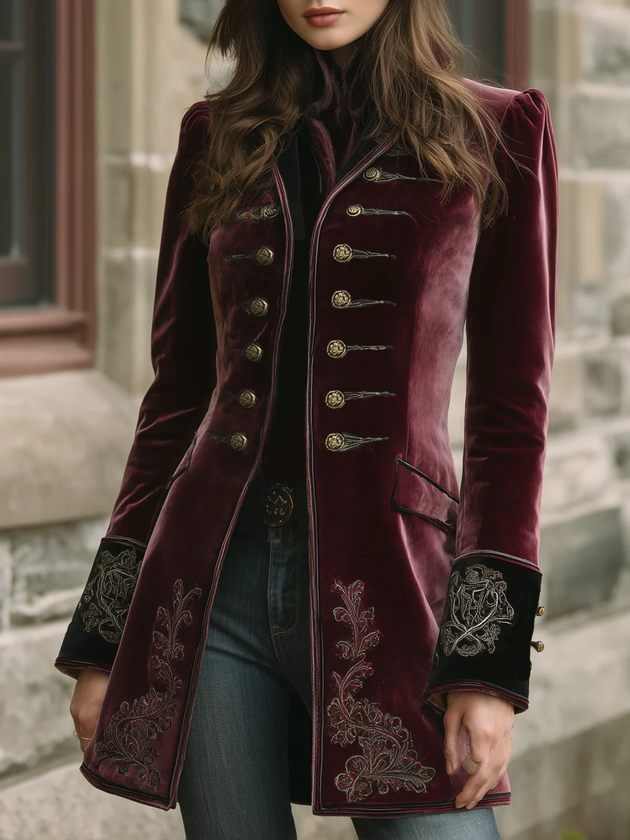 Vintage Contrast Trim Embroidered Velvet Coat