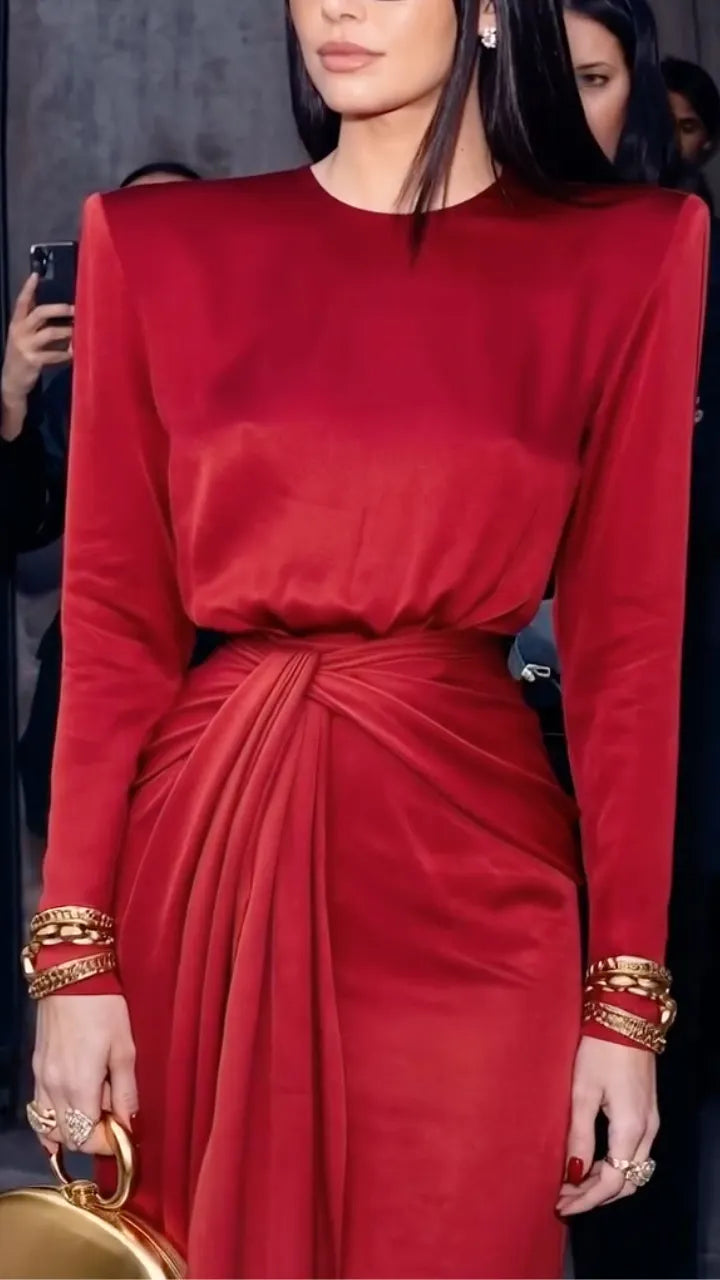 Satin Long Sleeve Draped Waist Maxi Gown