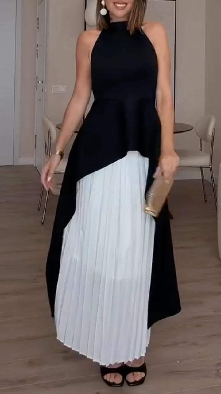 Black and White Asymmetric Pleated Maxi Dress