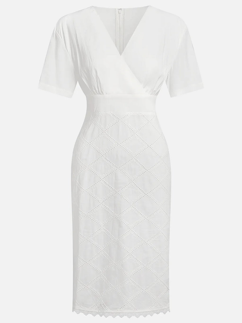 White Rayon Hollow Out Plaid Classic V Neck Short Sleeve Sheath Midi Dress