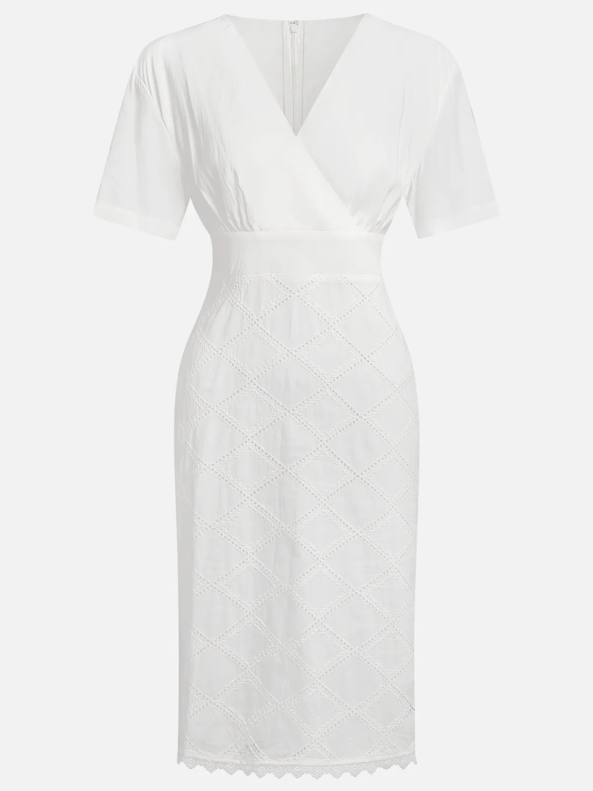 White Rayon Hollow Out Plaid Classic V Neck Short Sleeve Sheath Midi Dress