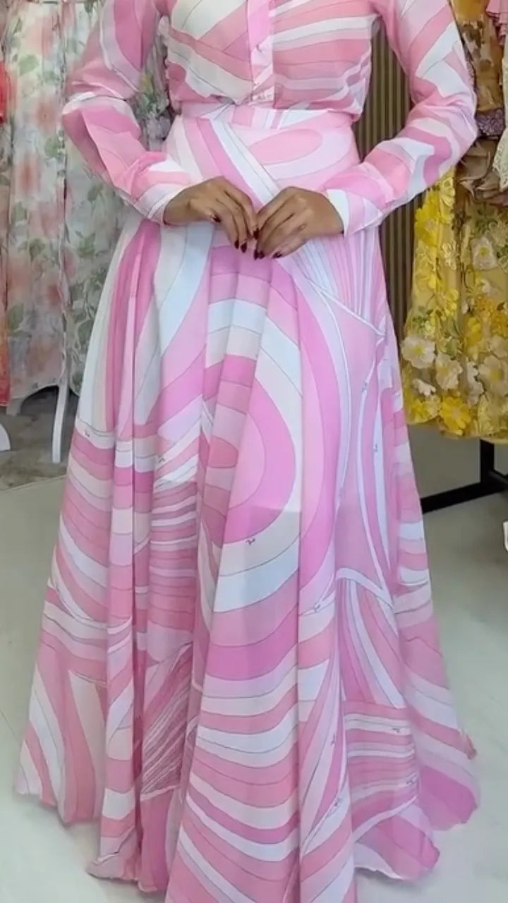 Pink Swirl Print Shirt Maxi Skirt Two‑Piece Set