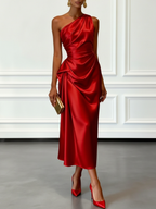 Purplish Blue Ruched Satin One Shoulder Sleeveless A-Line Midi Dress