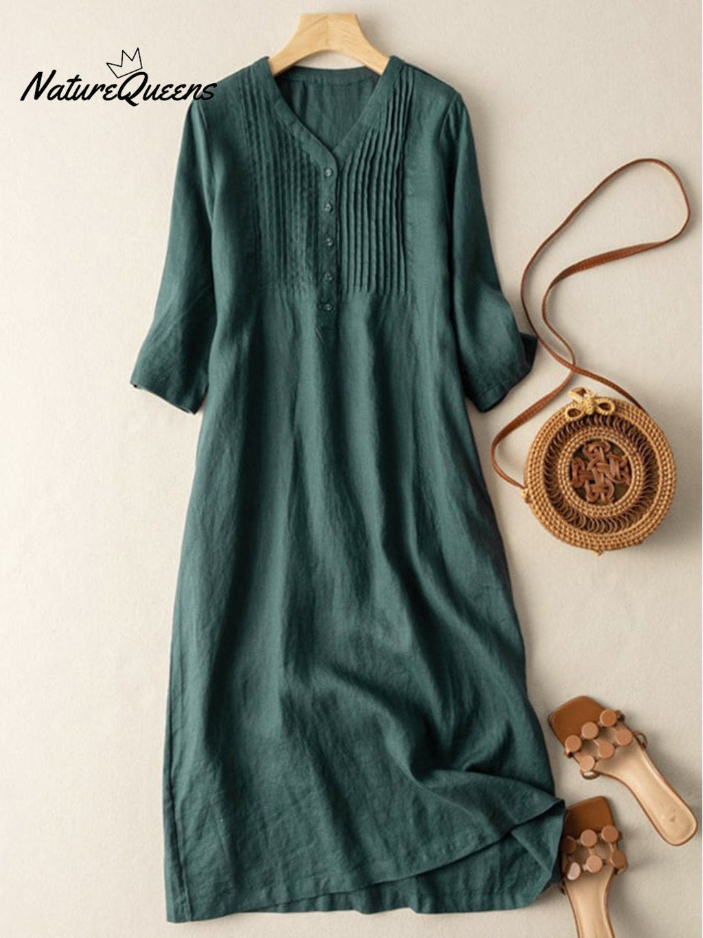 Cotton And Linen V-Neck Pleated Loose Dress