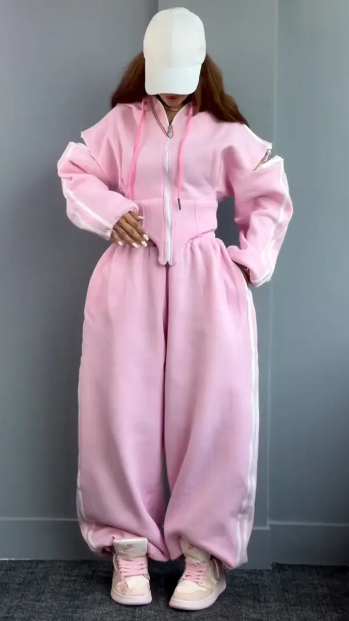 Zip Up Hooded Stripe Sweatshirt & Baggy Pant Tracksuit Set