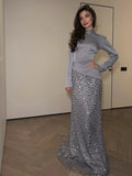 Cocoslly High Neck Long Sleeves High Waist Long Prom Dress With Sequin | Dusty Blue Satin CO0039